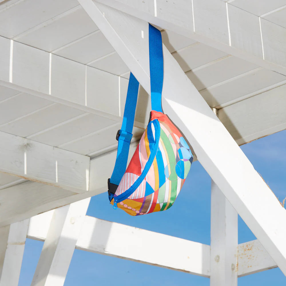 Kolorowa nerka Frank Lloyd Wright z niebieskim paskiem zawieszona na białej drewnianej konstrukcji