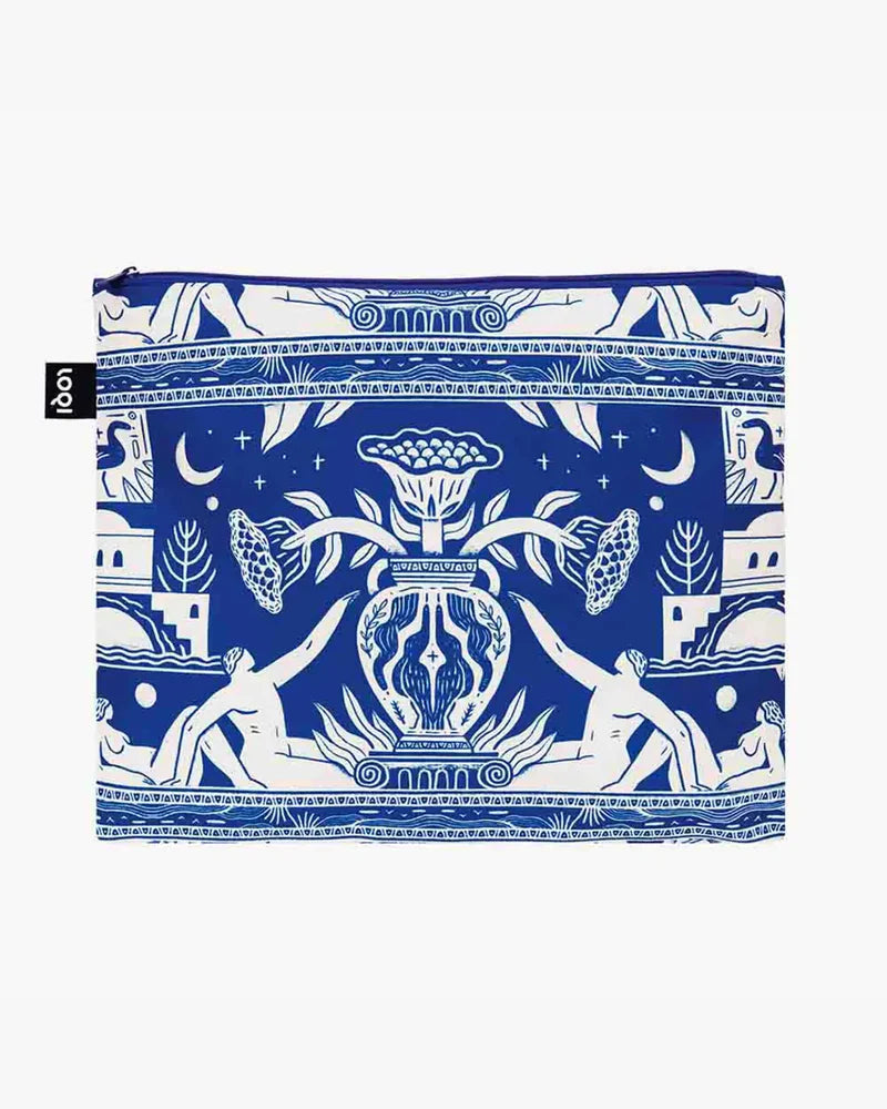 Niebieska saszetka LOQI z białym wzorem inspirowanym sztuką klasyczną zestaw saszetek LOQI