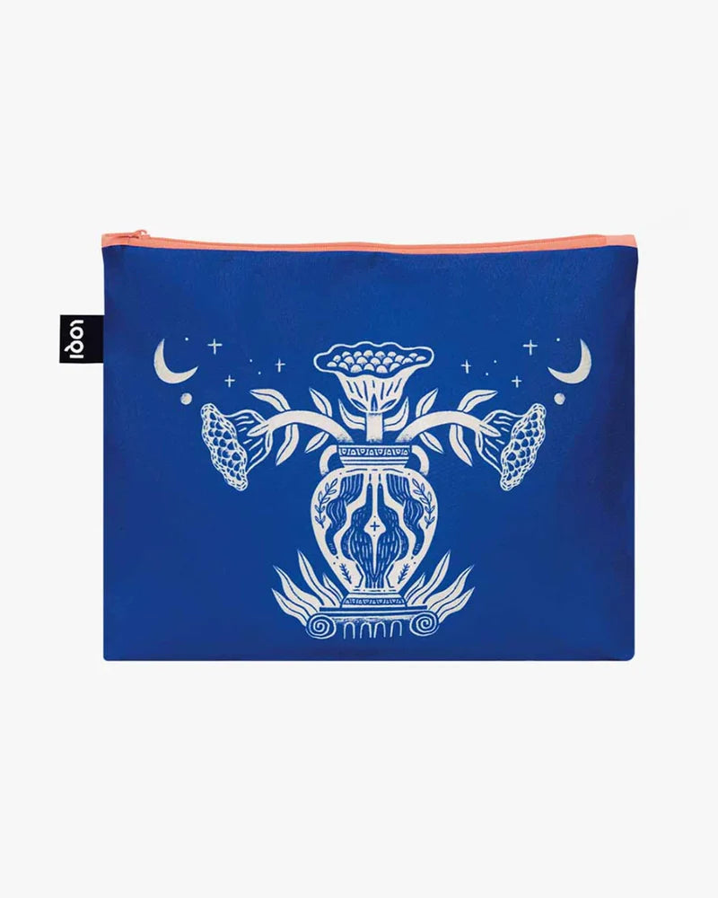 Zestaw saszetek LOQI niebieska saszetka z białym wzorem kwiatowym i różowym zamkiem