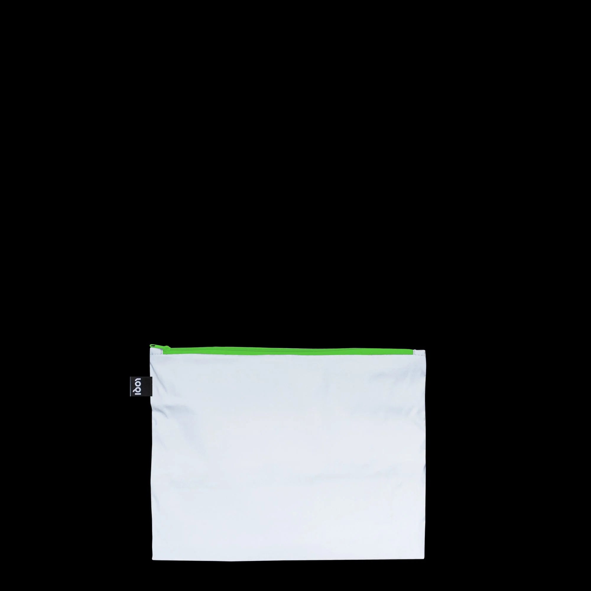 Biała saszetka z zielonym zamkiem na zamek błyskawiczny z logo LOQI zestaw saszetek LOQI neon
