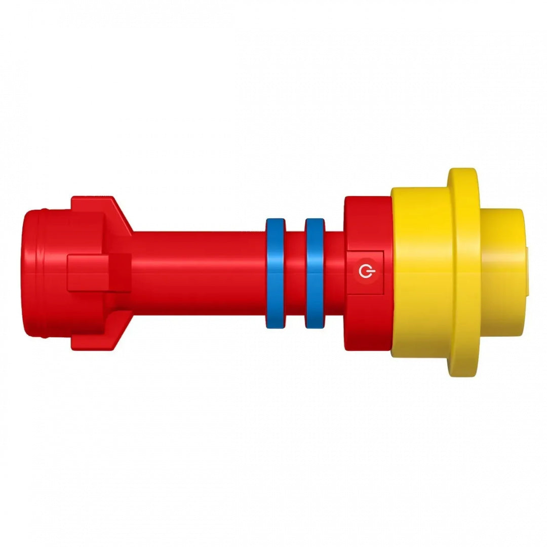 Czerwona latarka LEGO Classic czerwona z żółtym elementem i niebieskimi zdobieniami