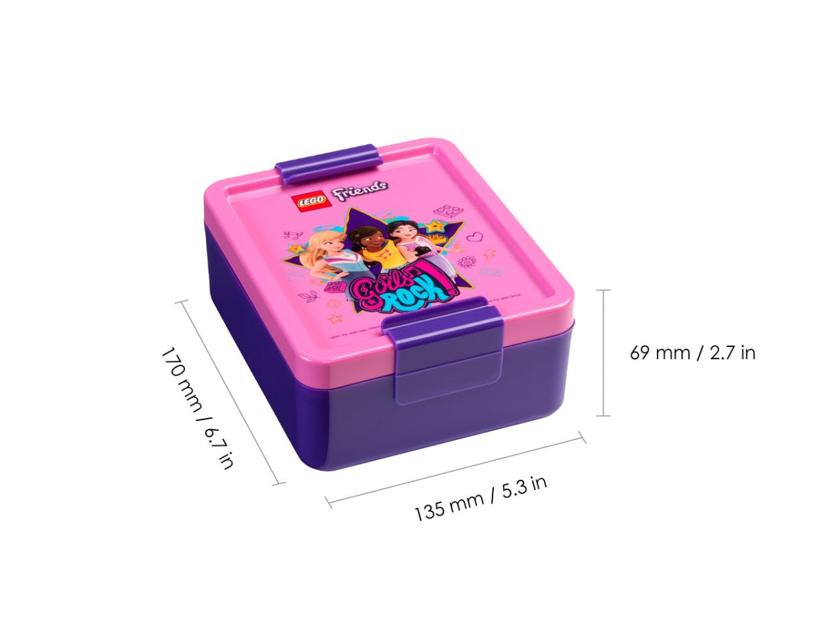 Lunchbox LEGO Friends różowo fioletowy z kolorową grafiką postaci z LEGO Friends