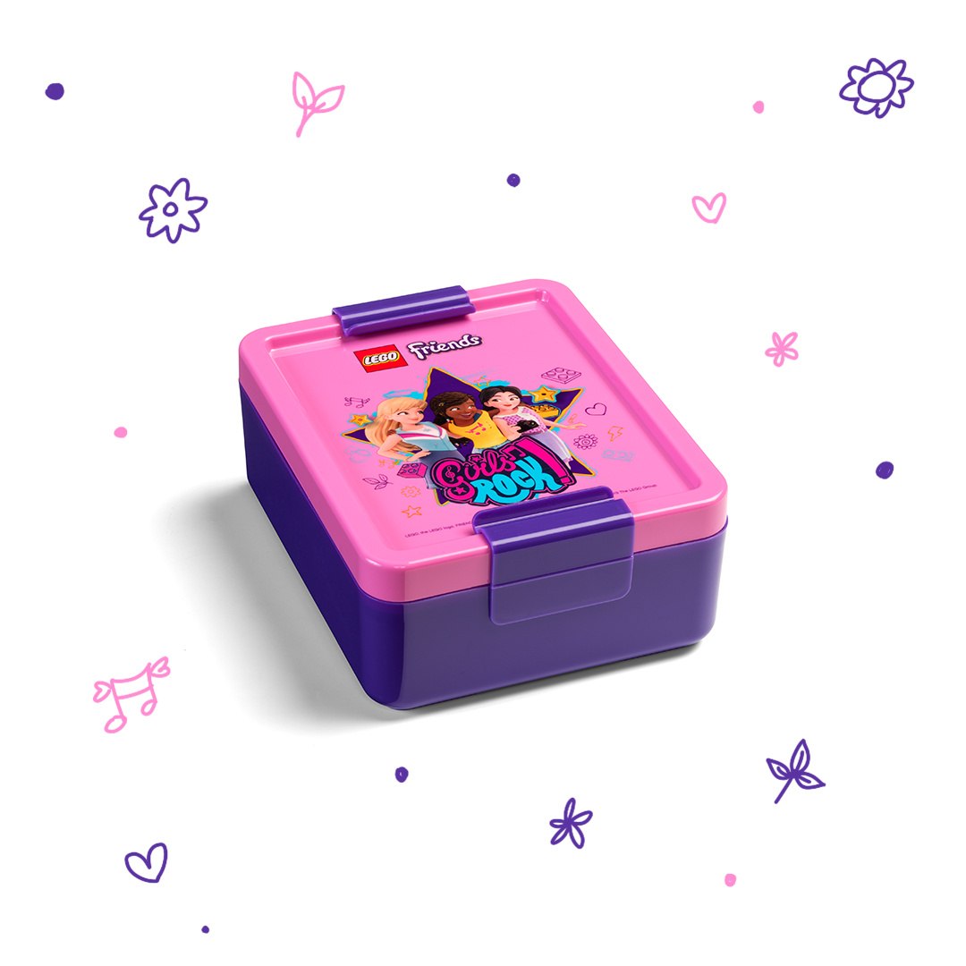 Lunchbox LEGO Friends w kolorze różowo-fioletowym z grafiką postaci z serii LEGO Friends