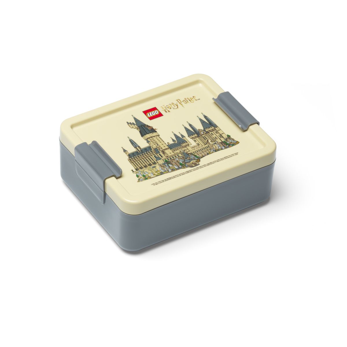 Lunchbox LEGO Harry Potter z grafiką zamku Hogwart szaro-beżowy z zamkami bocznymi