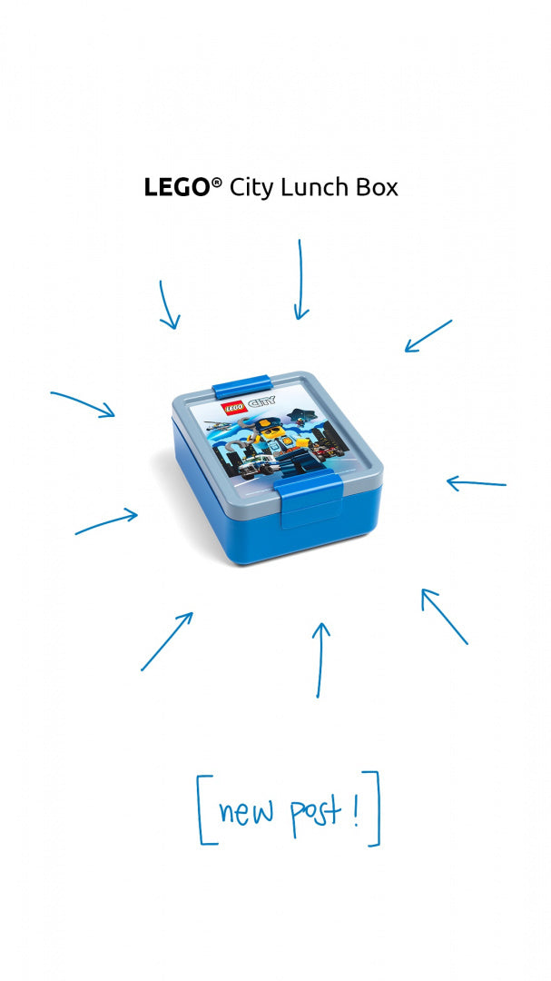 Lunchbox LEGO City w niebieskim kolorze z grafiką miejską na wieczku