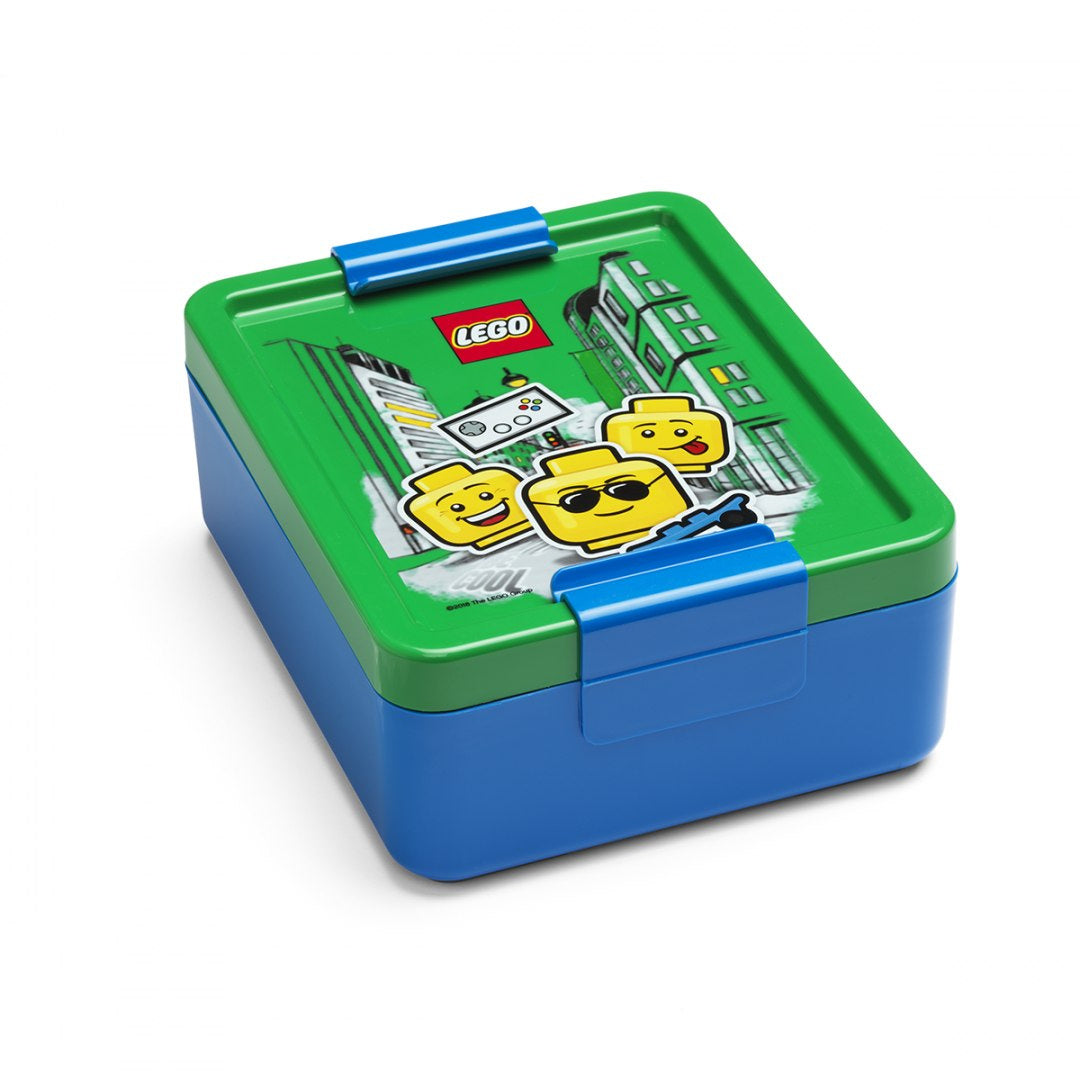Lunchbox LEGO dla chłopca niebiesko-zielony z motywem LEGO minifigurek i miastem