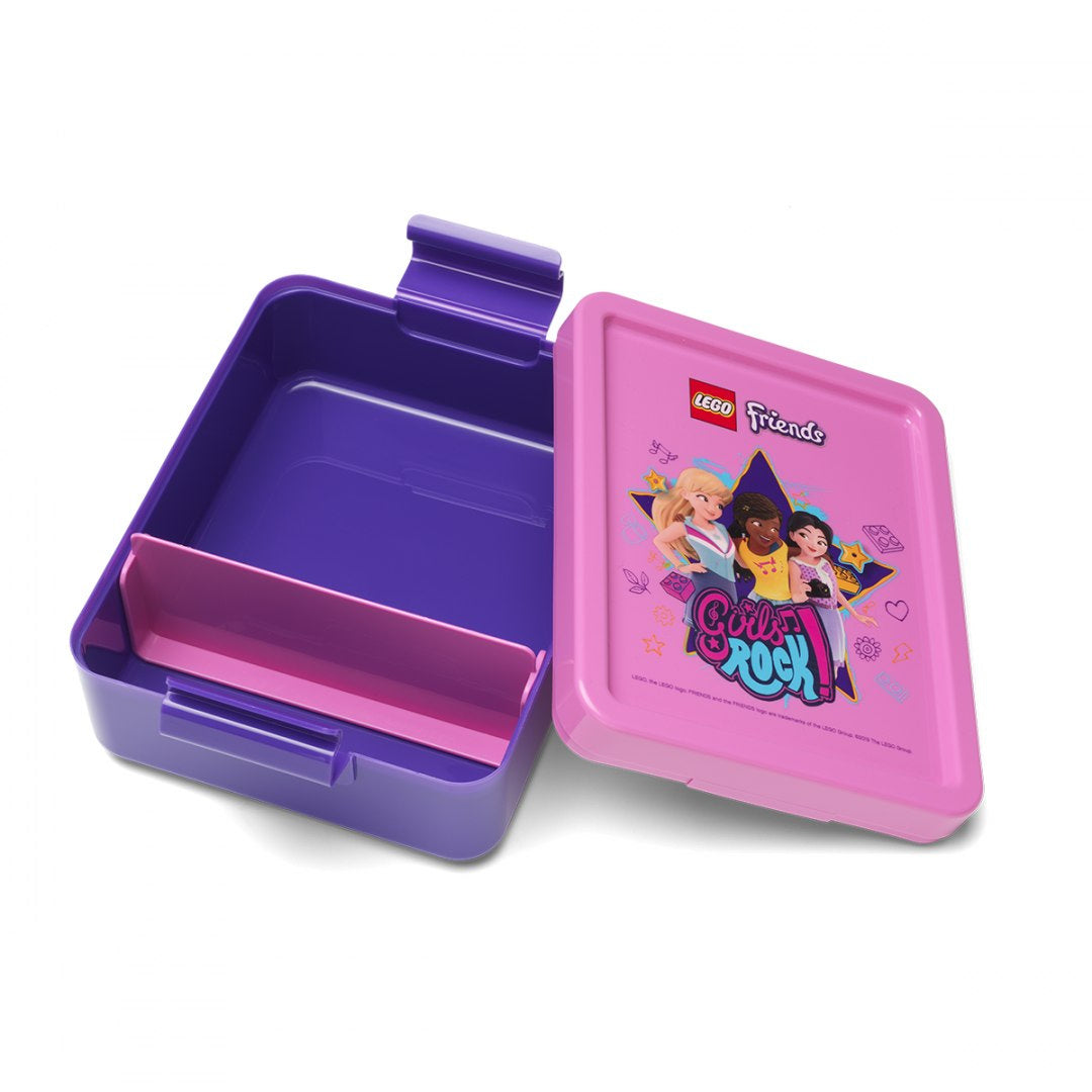 Lunchbox LEGO Friends z różowym wieczkiem i fioletową komorą na przekąski dla dzieci