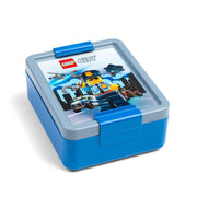 Niebieski lunchbox LEGO City z motywem policjanta i pojazdów miejskich od BV JACOB COMPANY