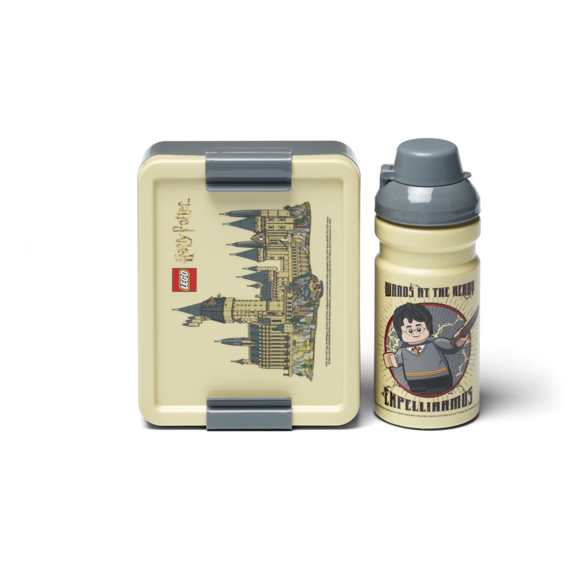 Lunchbox Lego Harry Potter z motywem zamku Hogwart i butelka z postacią Harry'ego Pottera