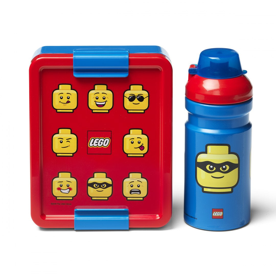 lunchbox LEGO classic z czerwonym pudełkiem i niebieską butelką z motywem twarzy LEGO