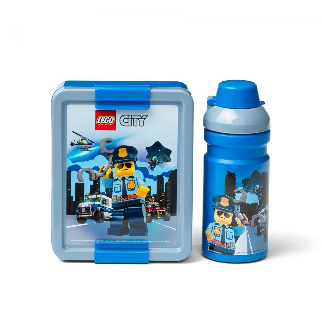 Lunchbox LEGO City dla dzieci z motywem policjanta oraz pasująca niebieska bidon