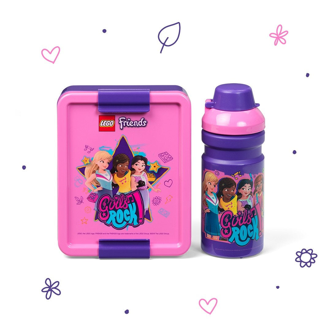 Lunchbox LEGO Friends różowy ze zdjęciem postaci i fioletową butelką na napój zestaw dla dzieci