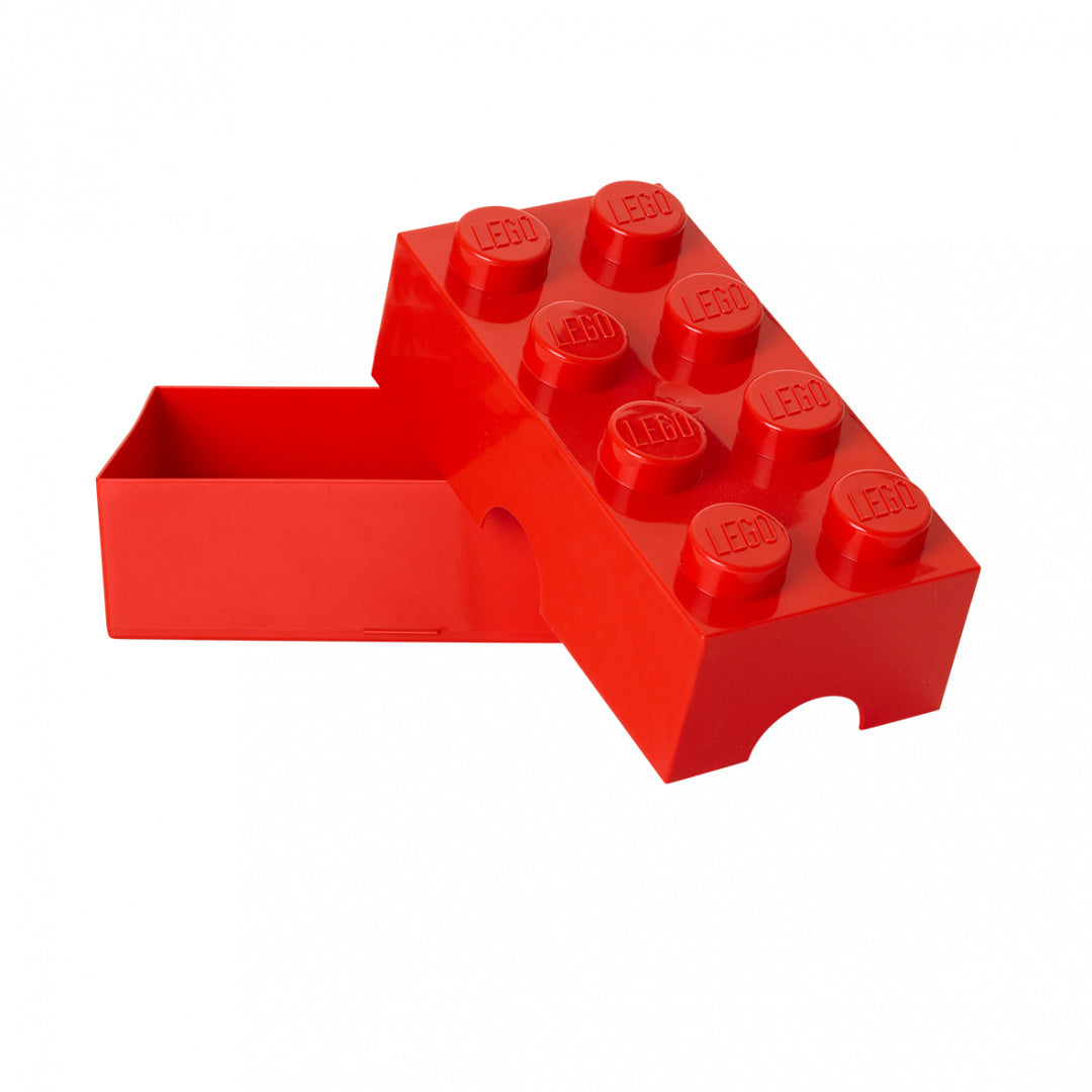 Czerwony lunchbox klocek LEGO czerwony w kształcie dużej plastikowej kostki z logo LEGO