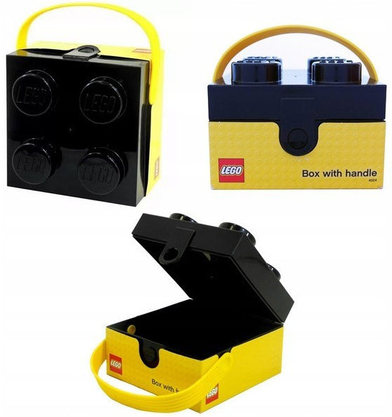 Lunchbox LEGO czarny z żółtym uchwytem i motywem klasycznej klocka LEGO