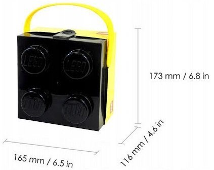 lunchbox LEGO czarny z żółtym uchwytem w kształcie klocka o wymiarach 165x173x116 mm