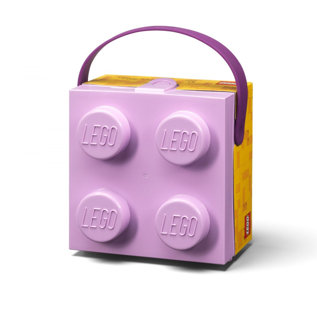 Fioletowy lunchbox LEGO z uchwytem i klockowymi wypustkami na froncie