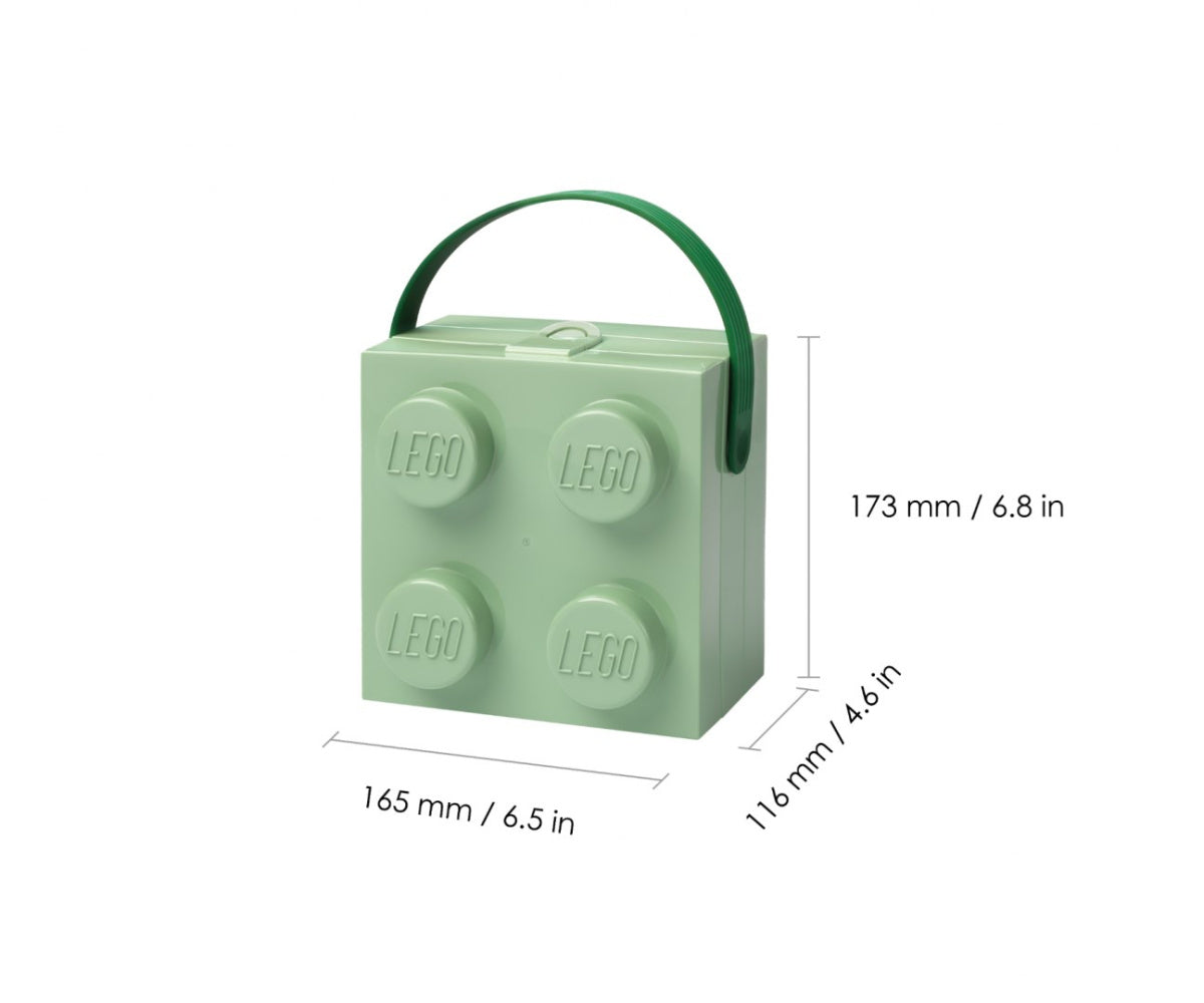 Lunchbox klocek LEGO w zielonym kolorze z uchwytem i wymiarami produktu