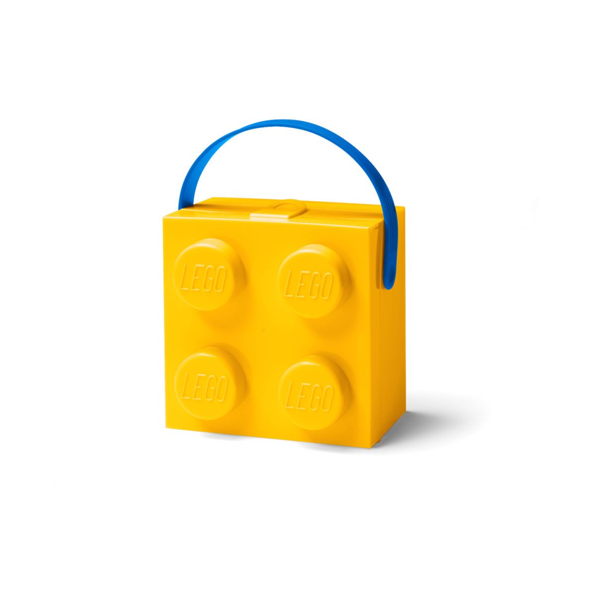 Żółty lunchbox klocek LEGO z niebieskim uchwytem do przenoszenia na lunch