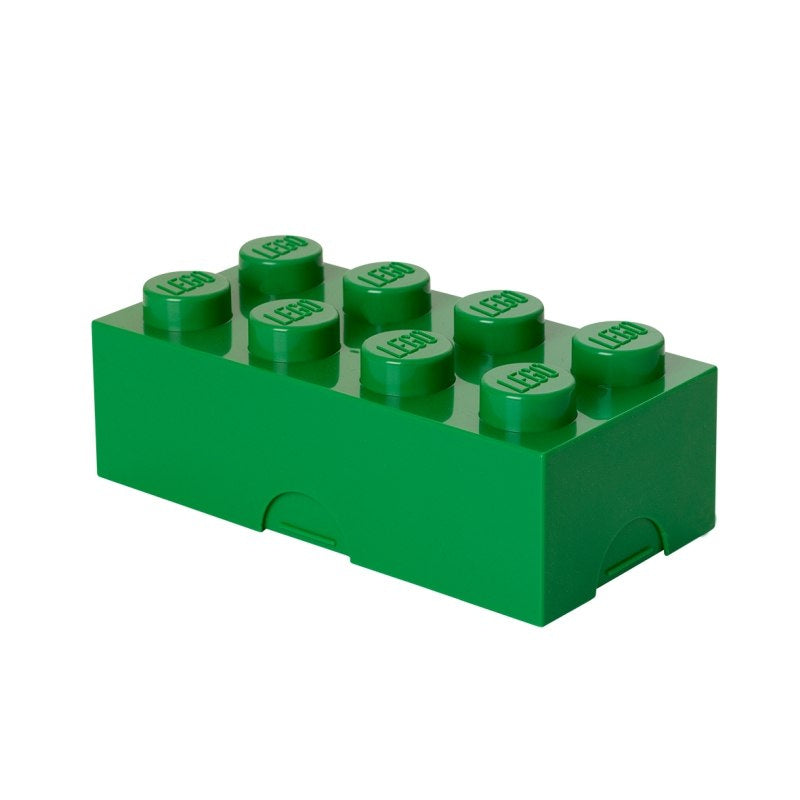 Lunchbox LEGO zielony w kształcie klocka z 8 wypustkami z logo LEGO