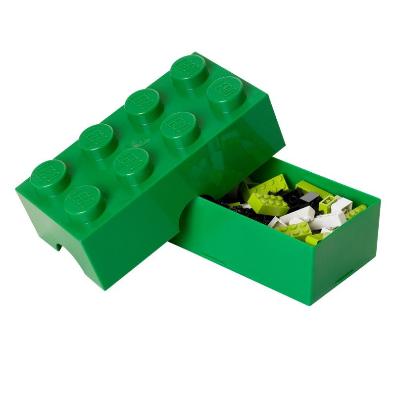 Lunchbox LEGO zielony w kształcie klocka z częściami do zabawy w środku