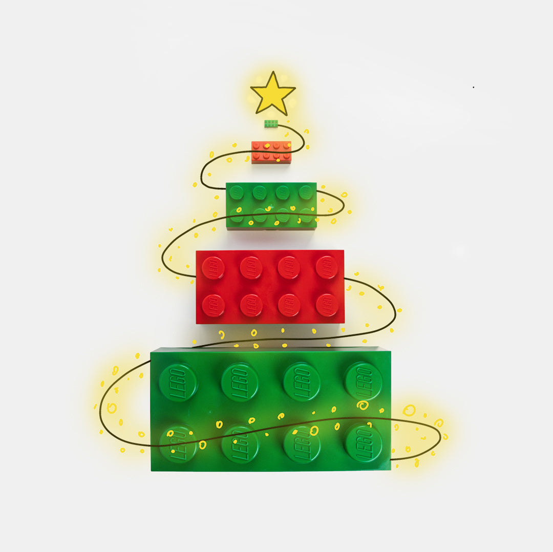 lunchbox LEGO zielony układany w kształt choinki świątecznej z gwiazdą i światełkami