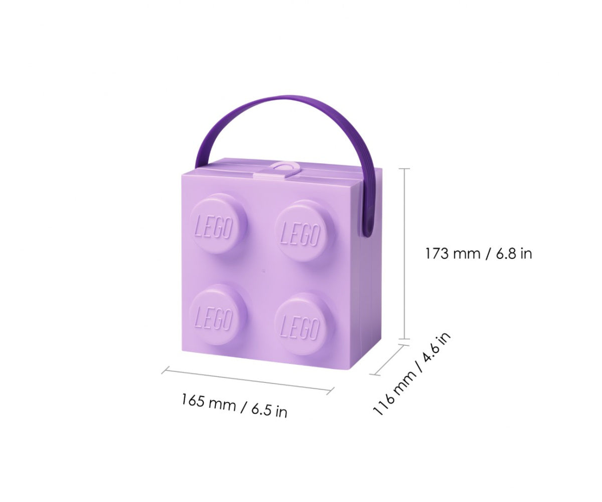 fioletowy lunchbox LEGO fioletowy w kształcie kostki z rączką i wymiarami 173x165x116 mm