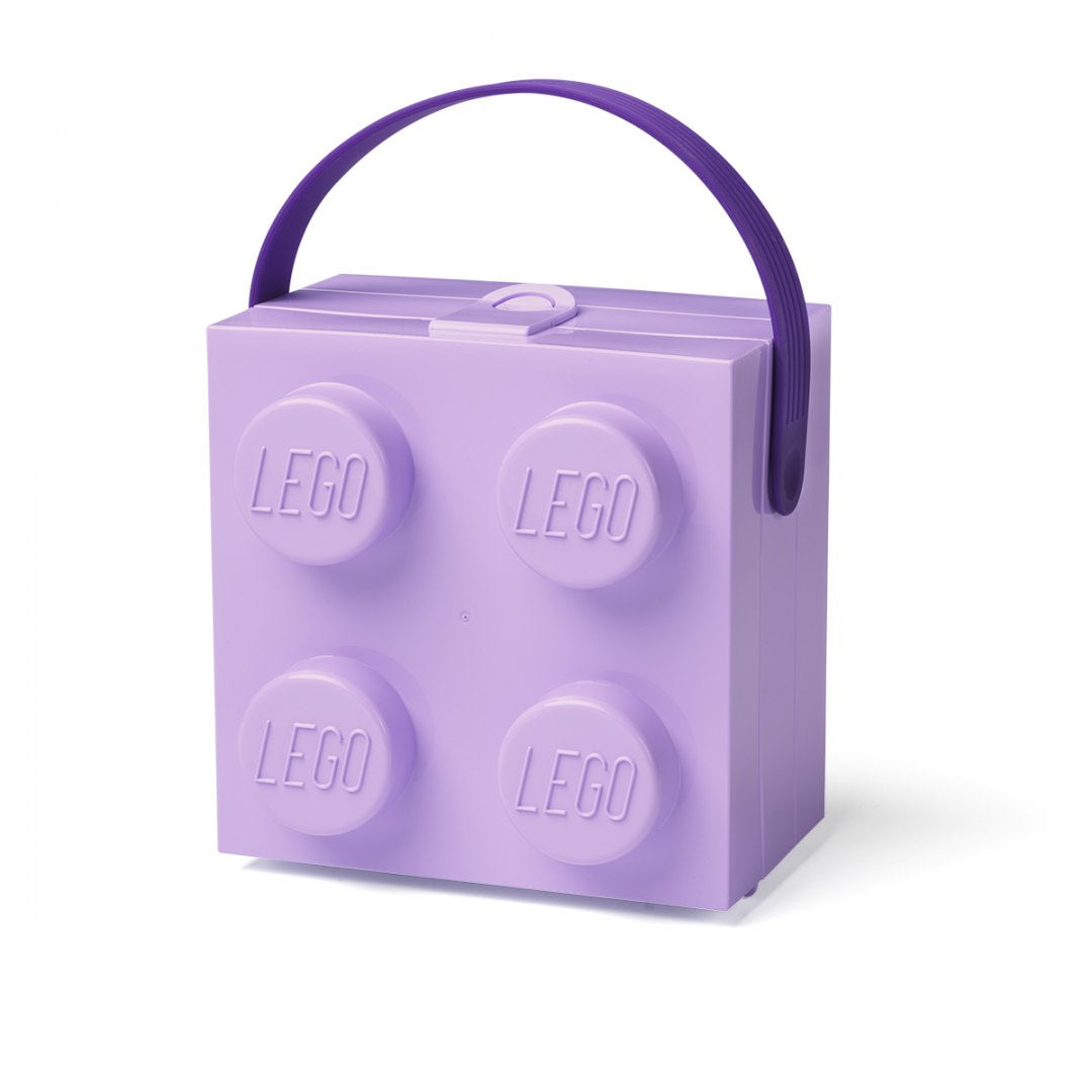 lunchbox LEGO fioletowy w kształcie klocka LEGO z uchwytem na ramię