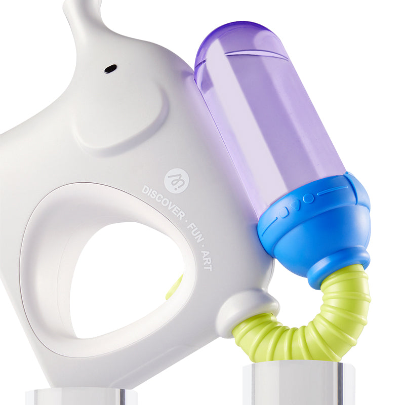 Biały pistolet na wodę dla dzieci mideer z fioletowym zbiornikiem i zielonym elastycznym wężem