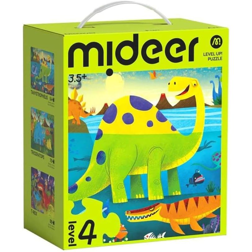Puzzle dinozaury dla dzieci Mideer poziom 4 z kolorowym obrazkiem dinozaura na zielonym opakowaniu