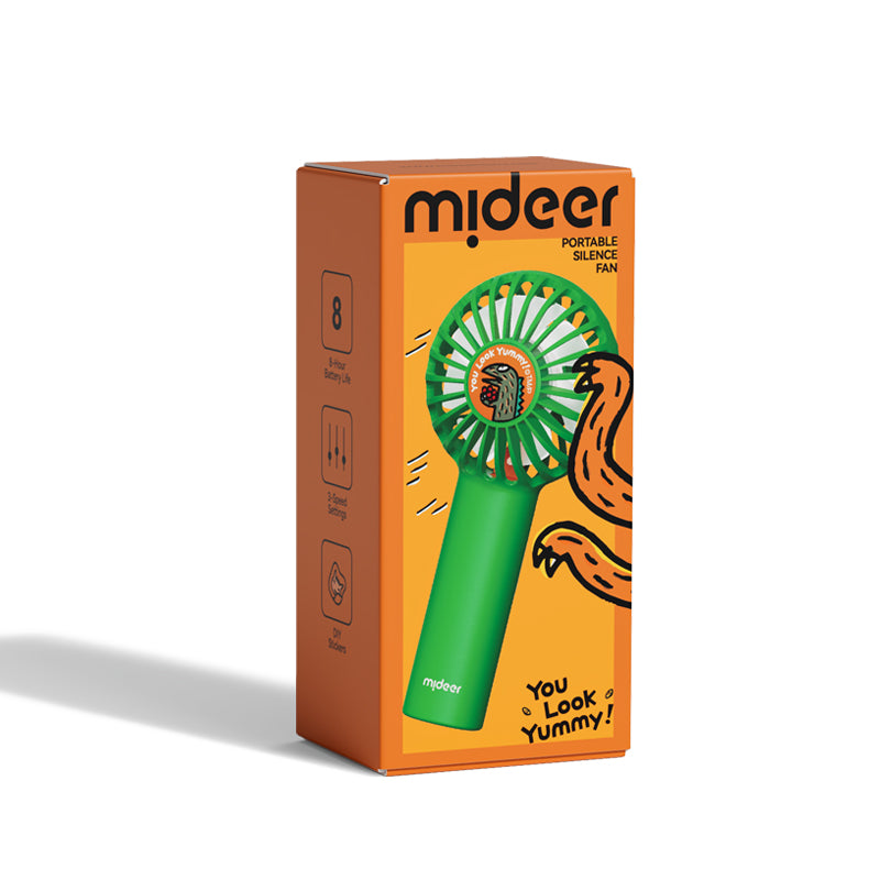 Cichy wentylator przenośny Yamann w zielonym kolorze w opakowaniu z pomarańczowym tłem