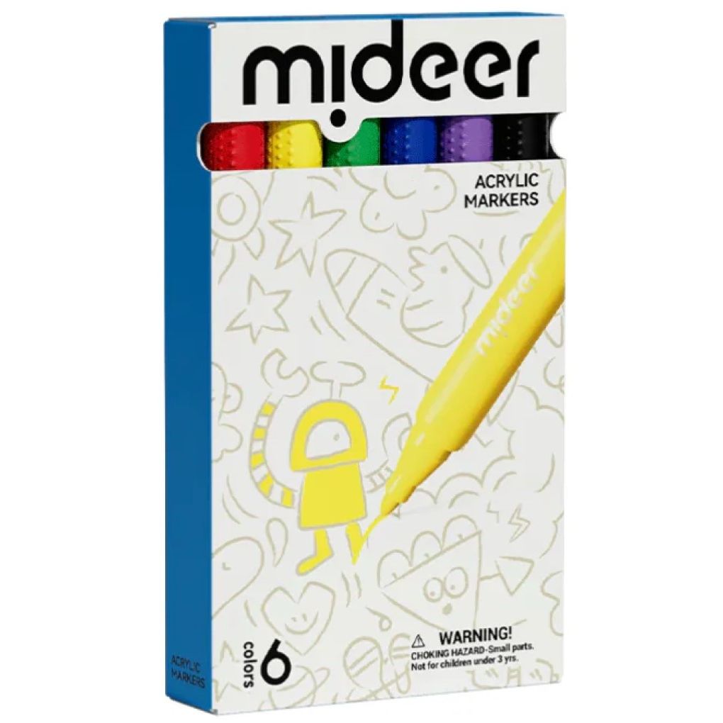 markery akrylowe mideer 6 kolorów w opakowaniu z żółtym markerem do rysowania