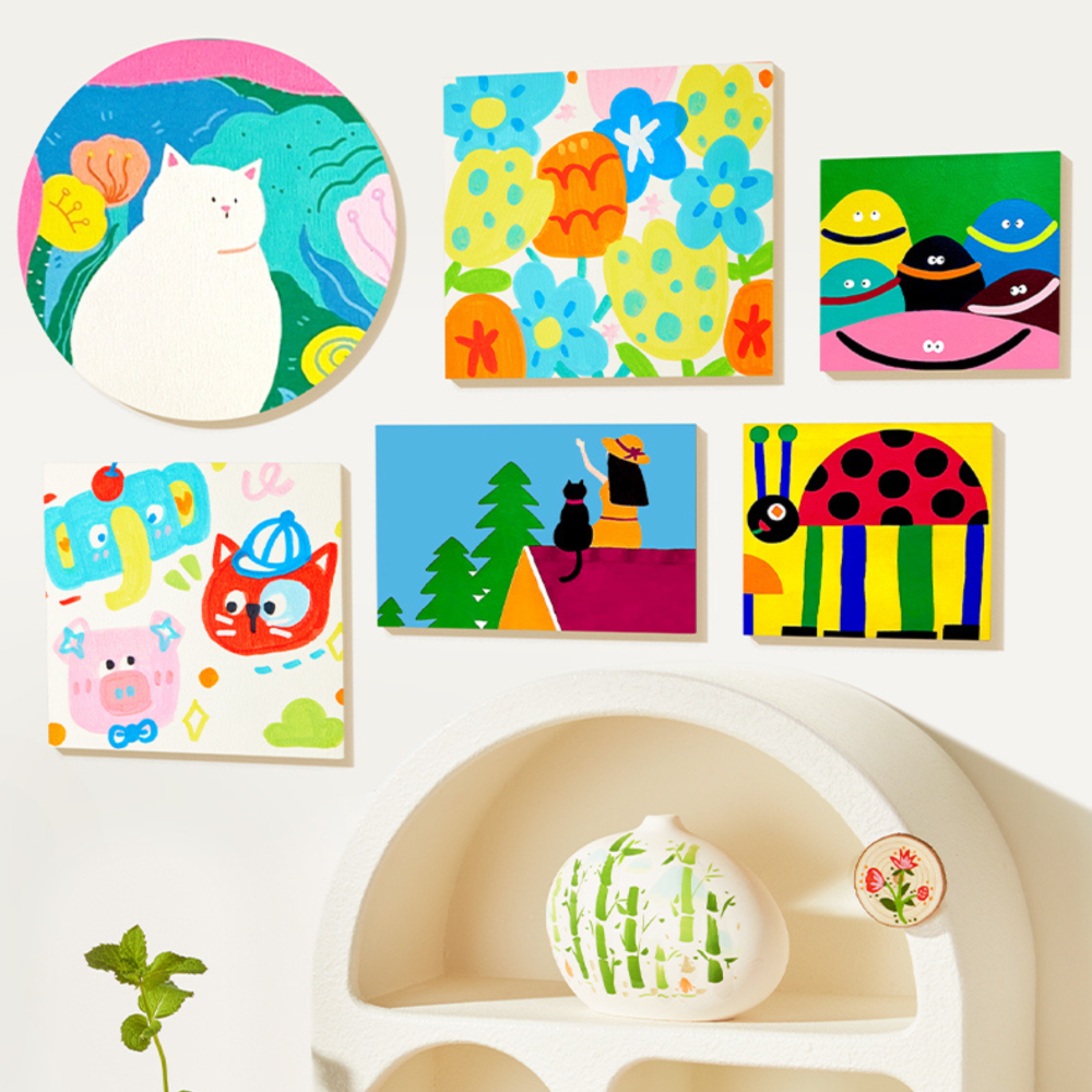 Markery akrylowe mideer 6 kolorów użyte do kolorowych obrazków z kotem i zwierzętami na ścianie