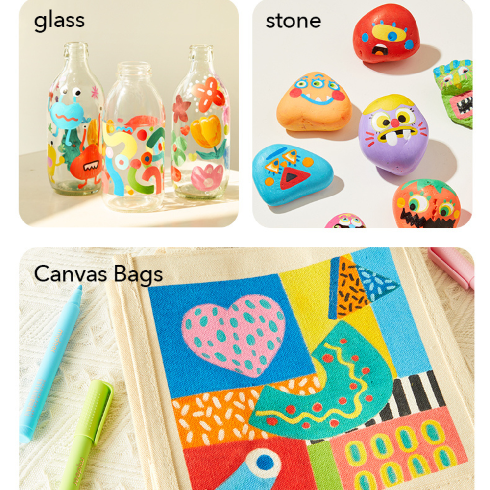 Kolorowe rysunki na szkle, kamieniach i torebce wykonane markerami akrylowymi mideer 6 kolorów