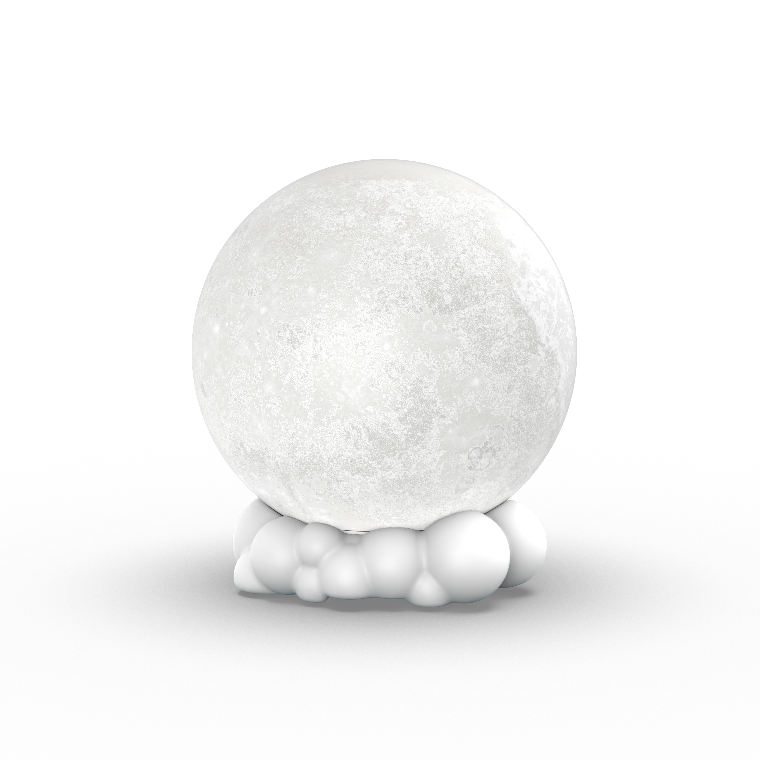 Lampka nocna z głośnikiem w kształcie księżyca na białej podstawie przypominającej chmurę