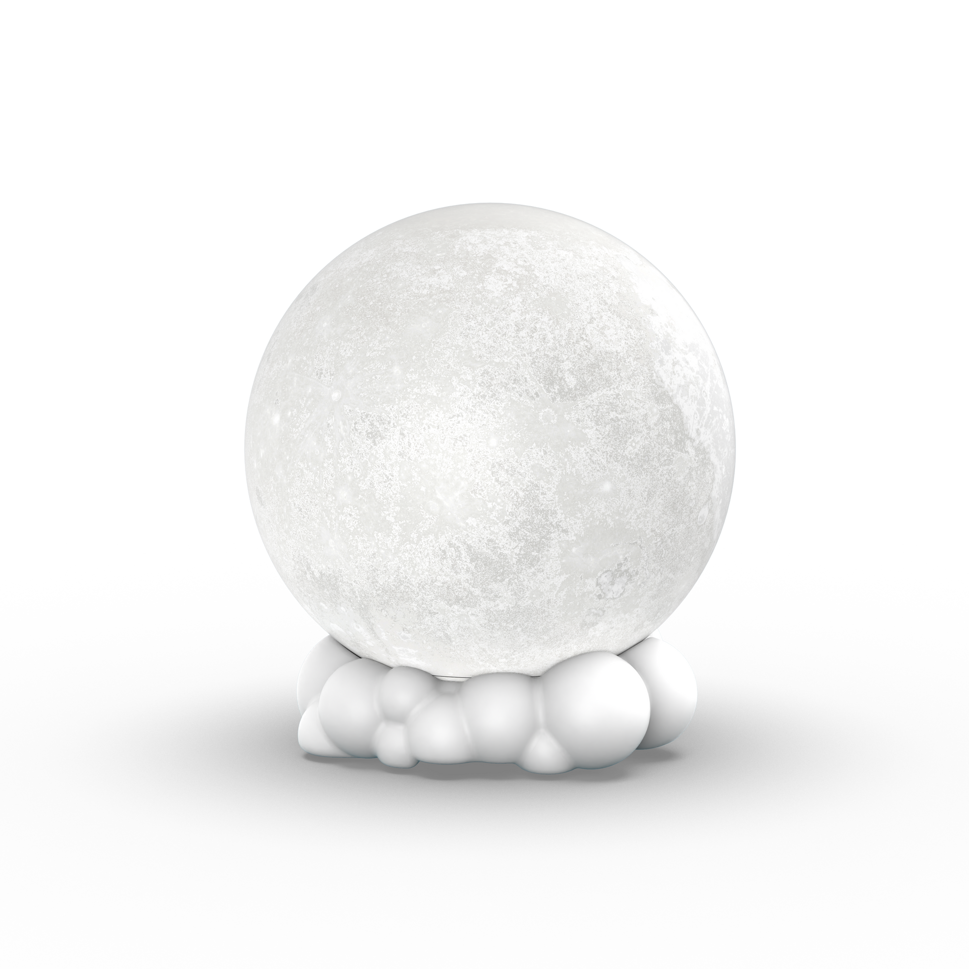 Lampka nocna z głośnikiem w kształcie księżyca na białej podstawie przypominającej chmurę