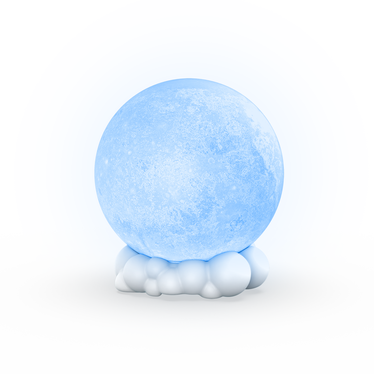 lampka nocna z głośnikiem w kształcie niebieskiej kuli przypominającej księżyc na białej podstawie