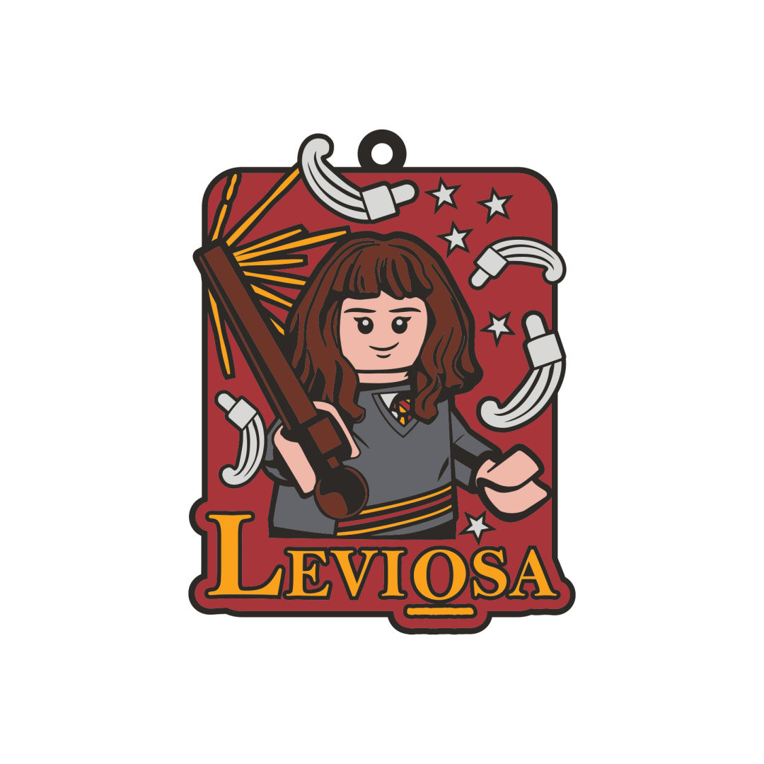 Magnes LEGO Harry Potter Hermiona Granger z różdżką i napisem Leviosa na czerwonym tle