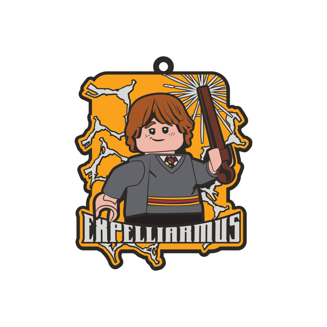 Magnes LEGO Harry Potter Ron Weasley z różdżką i napisem Expelliarmus w stylu klocków LEGO
