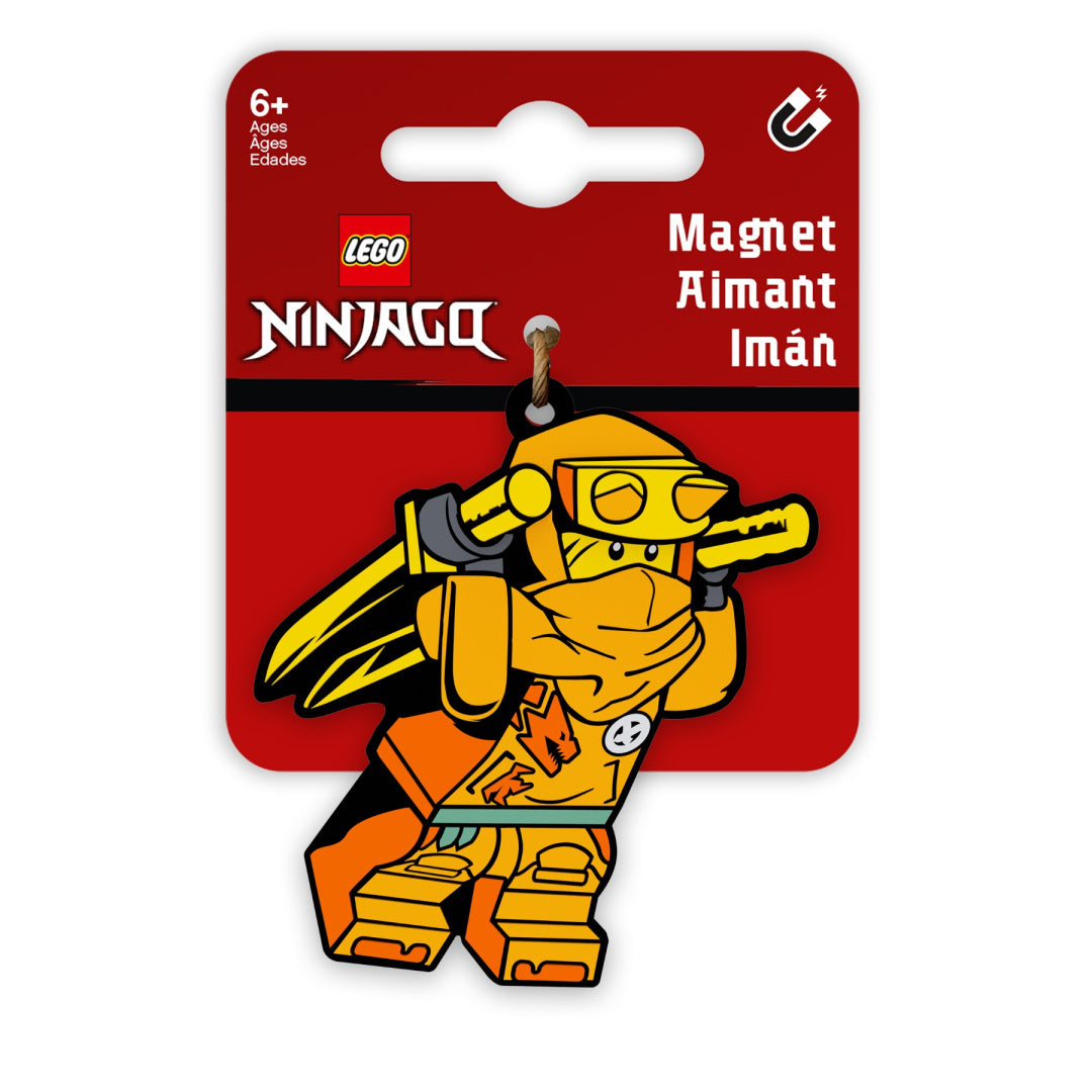Magnes LEGO Ninjago Arin w kształcie żółtej minifigurki ninja z bronią
