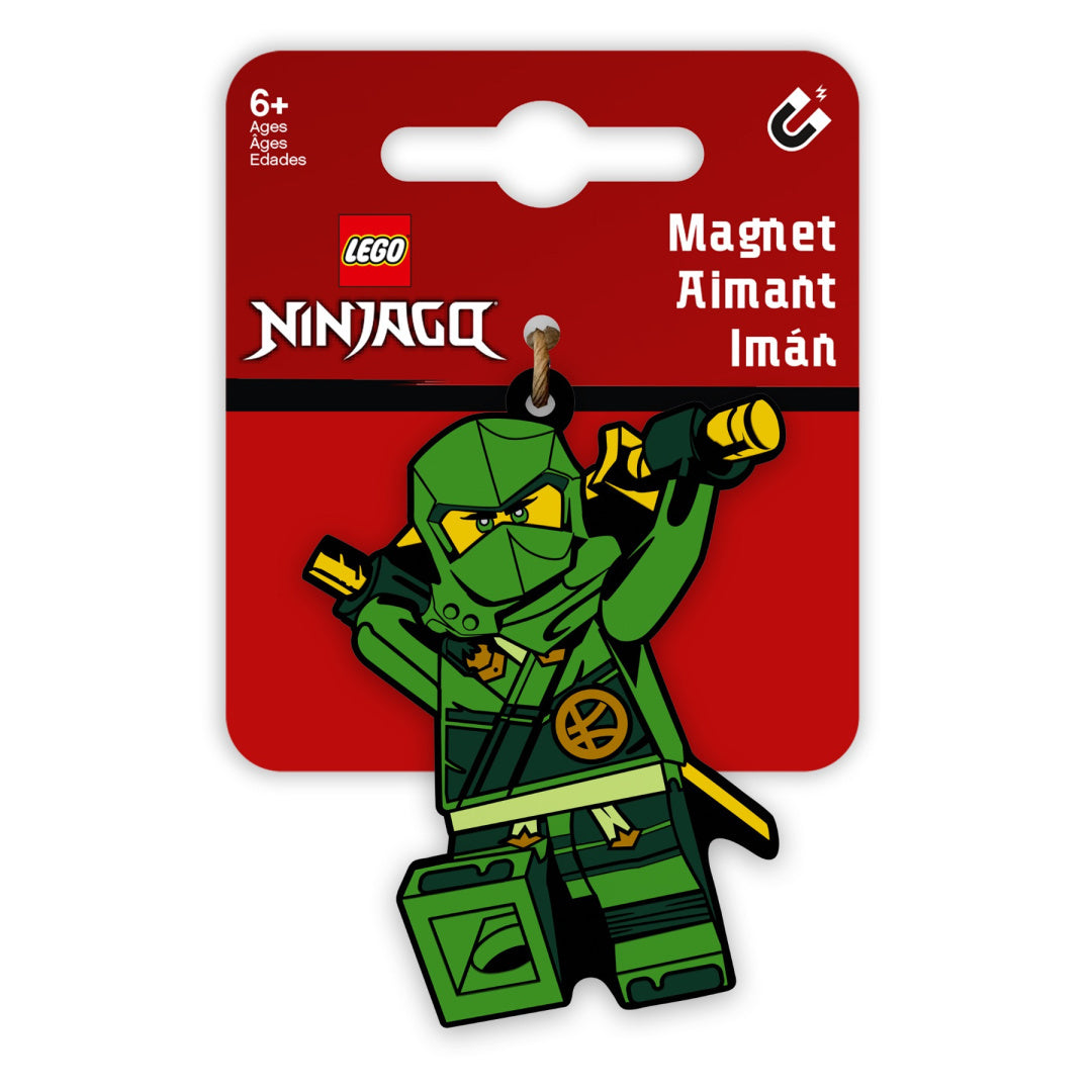 Magnes LEGO Ninjago Lloyd przedstawiający zieloną postać ninja na czerwonym tle