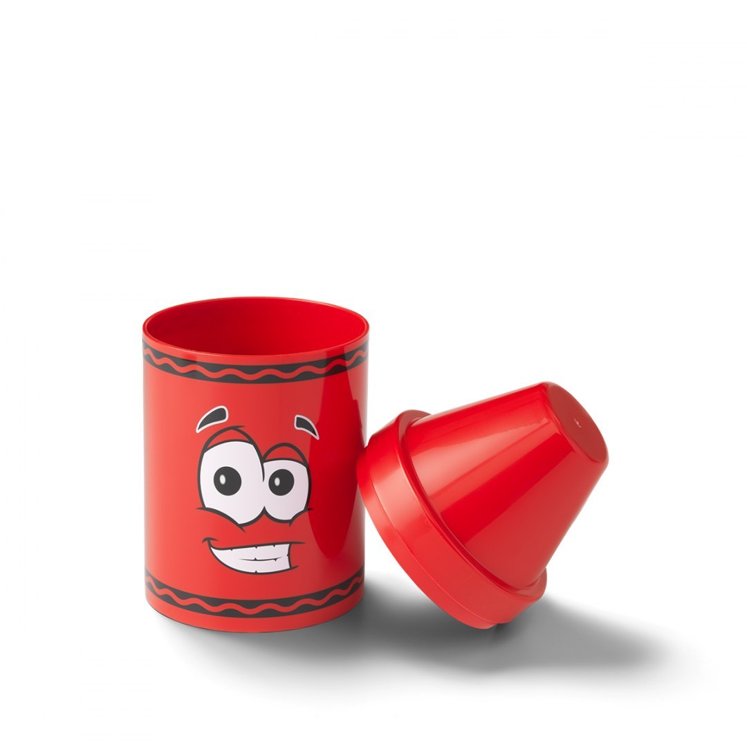 Mały pojemnik Crayola czerwony z uśmiechniętą twarzą i zdejmowaną pokrywką