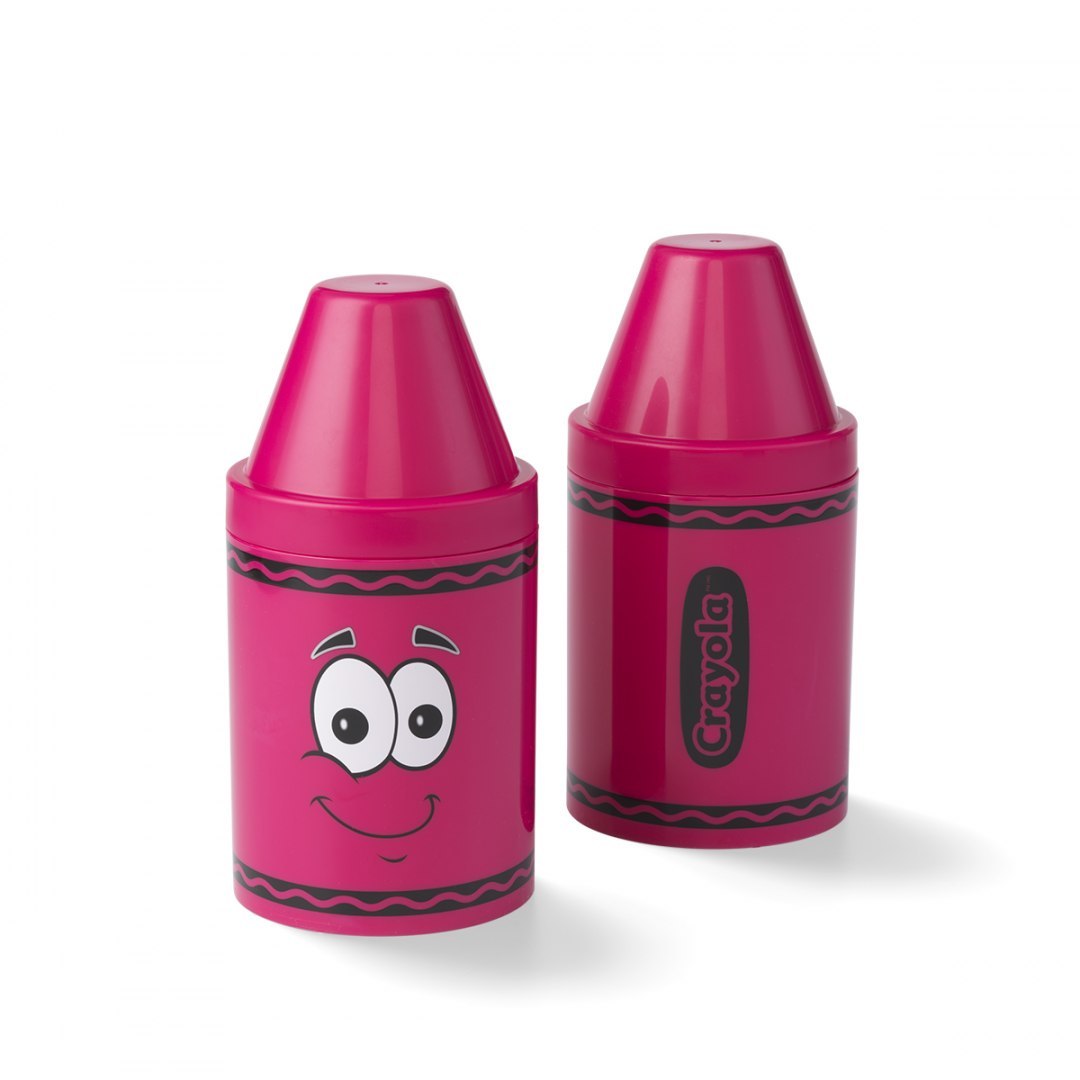 Pojemnik kredka Crayola różowy z uśmiechniętą buźką i logo Crayola do przechowywania kredek