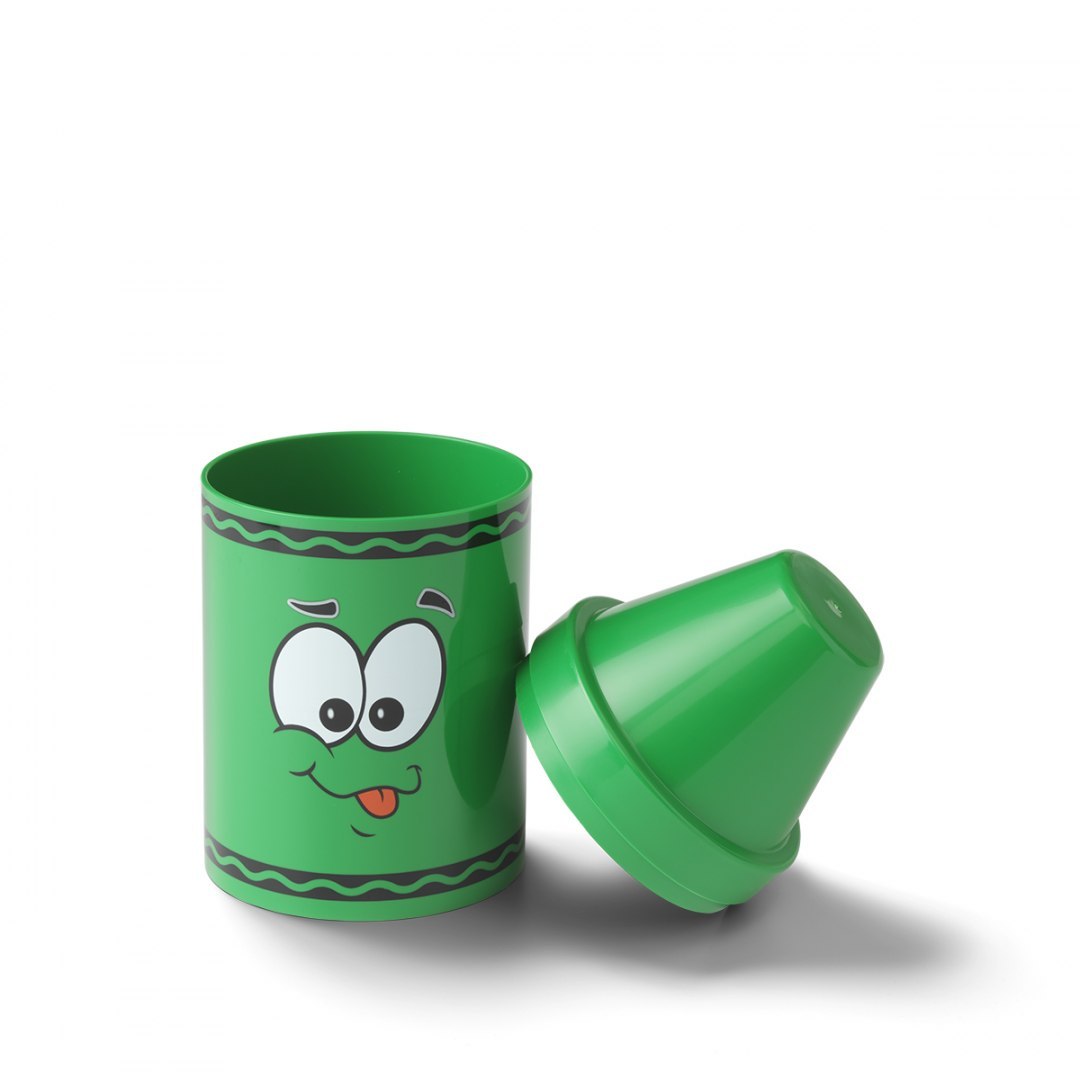 Zielony pojemnik na kredki Crayola zielony z zabawną twarzą do przechowywania kredek