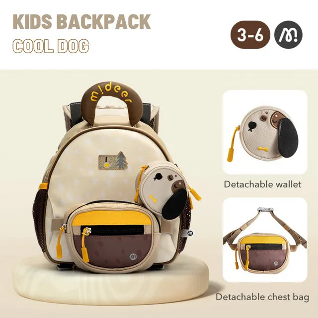 Mały plecak dla dziecka piesek marki mideer w beżowo-brązowej kolorystyce z dodatkami na zamek