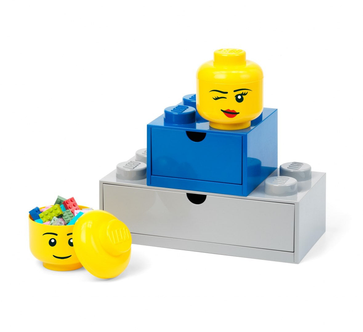 Pojemnik głowa LEGO chłopiec w kształcie żółtej głowy z uśmiechem i kolorowymi klockami LEGO