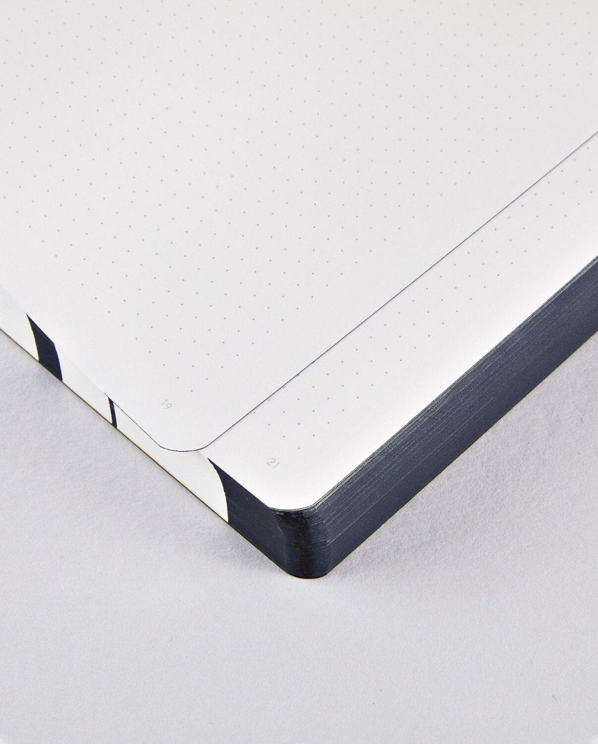 Widok z bliska na kępę zeszytu notatnik Bang Head Here z kropkowanymi stronami i czarnymi brzegami