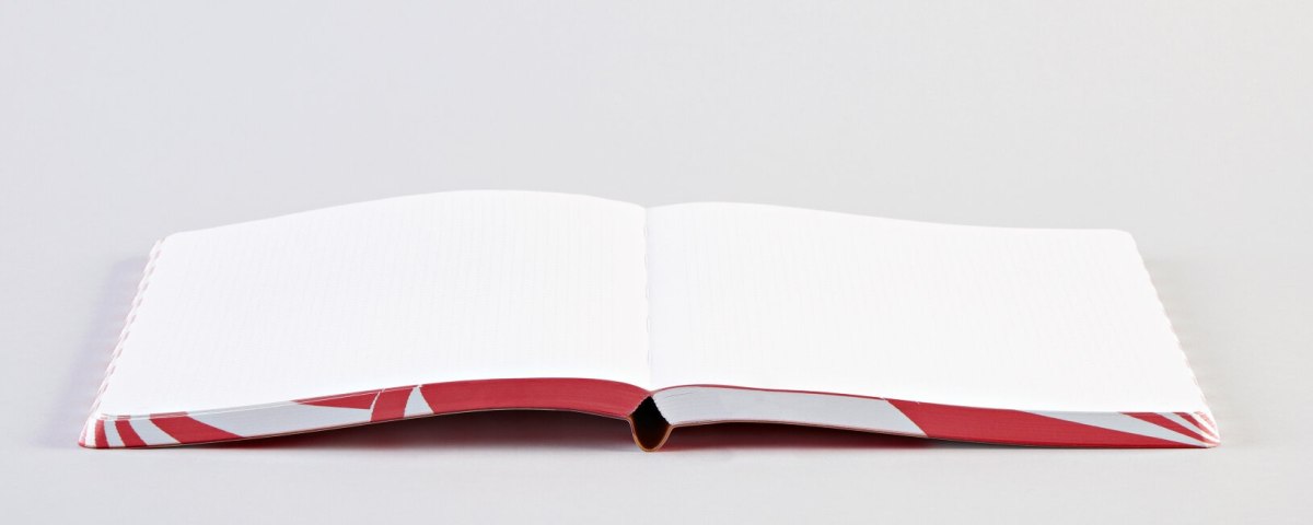 Otwarty notatnik graficzny L Fancy Fans z czerwono-białą okładką leżący na jasnym tle