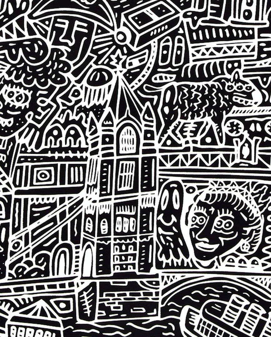 Czarno-biała ilustracja notatnika London z detalami architektonicznymi i postaciami