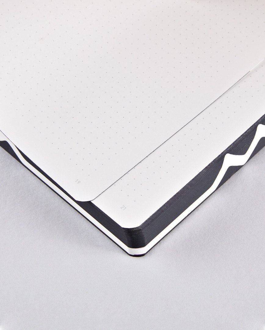 Detal stron w notatniku graficznym Metropolis z czarną okładką i kropkowanym papierem