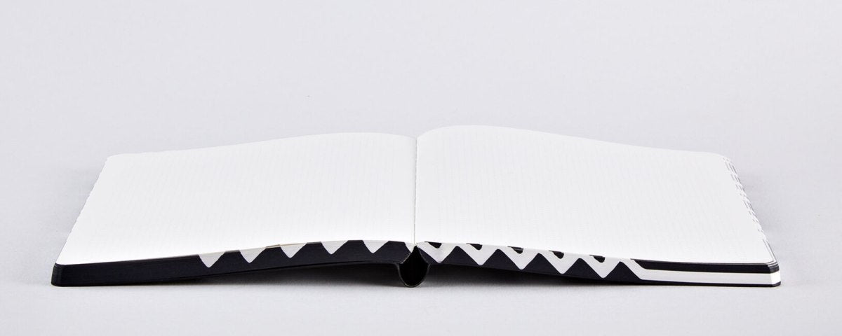 Otwarty notatnik graficzny Metropolis z czarno-białą okładką i pustymi białymi stronami